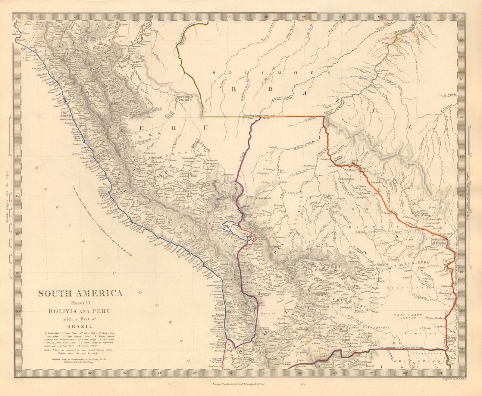 BOLIVIA & PERU with a part of Brazil. Bolivia Litoral / sea coast. SDUK 1846 map